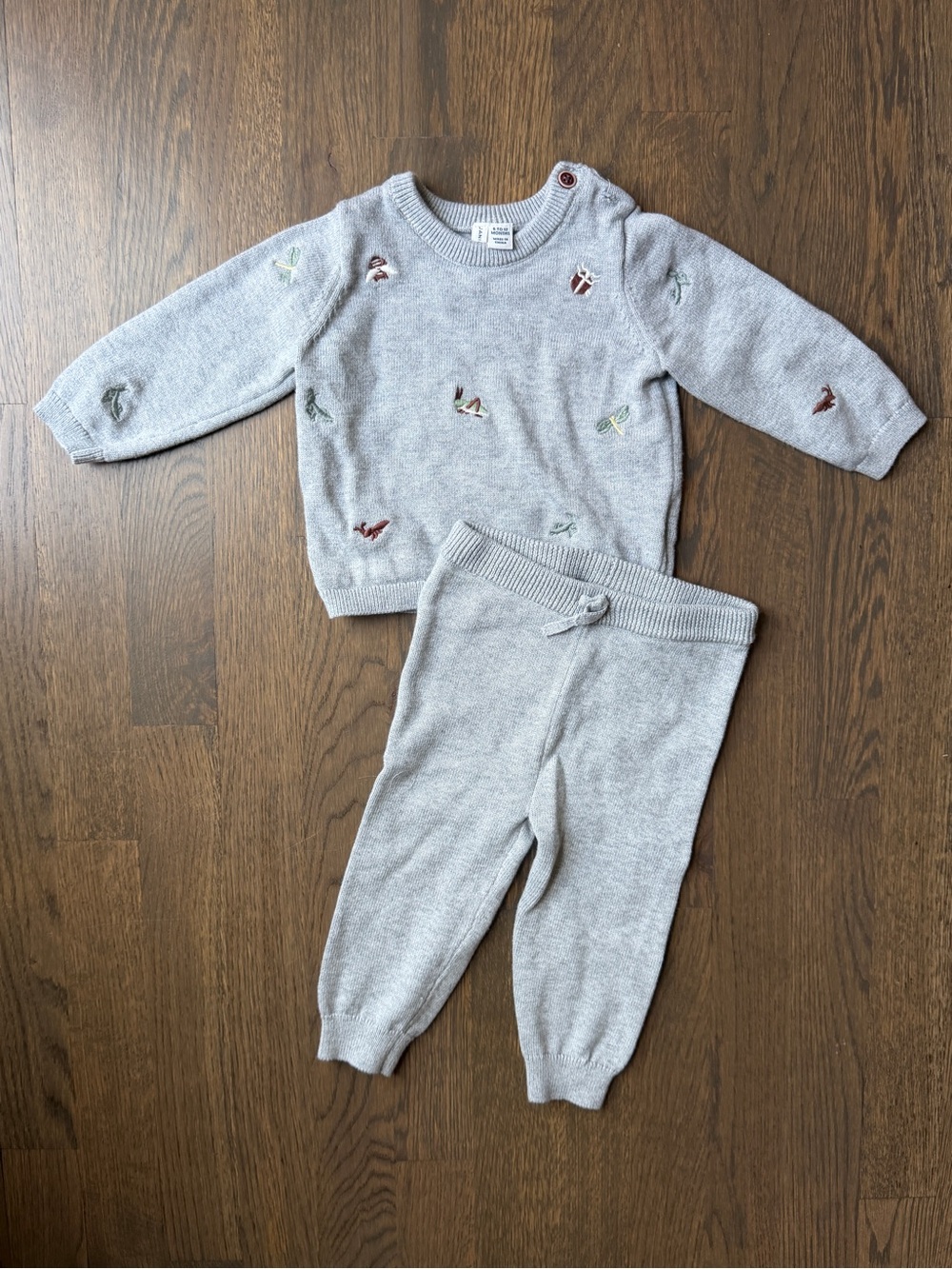 Janie and Jack Light Gray Knit Baby Sweater & Pants Set with Embroidered Accents